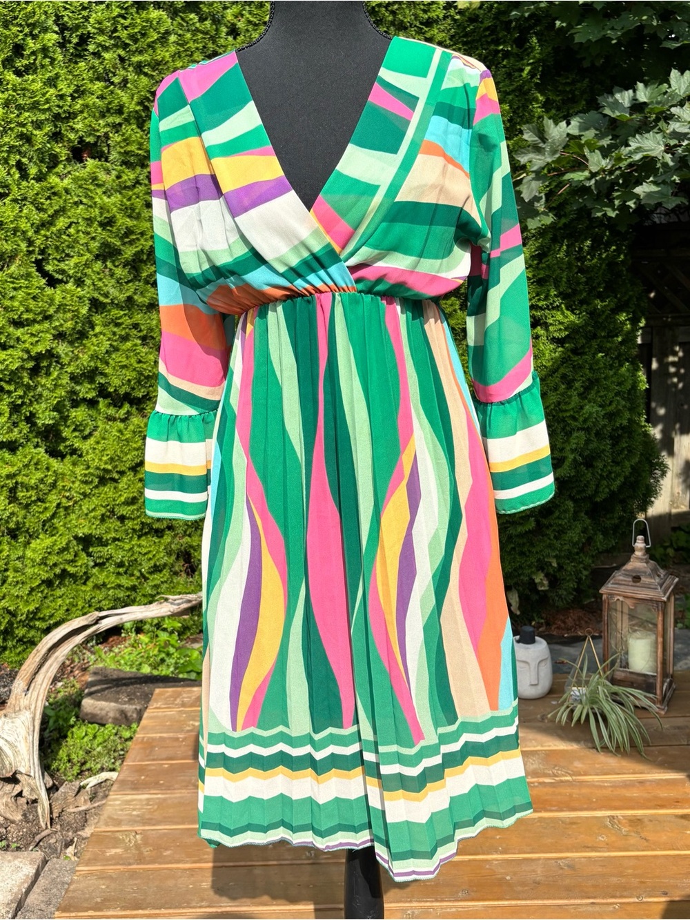 Colorful Green Striped Maxi Dress | Long Sleeve Wrap-Style Boho Dress